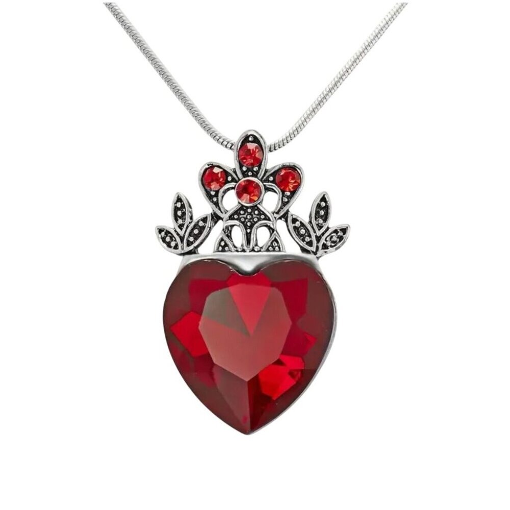 Crowned Heart Red Crystal Pendant Necklace With Silver-Tone Chain